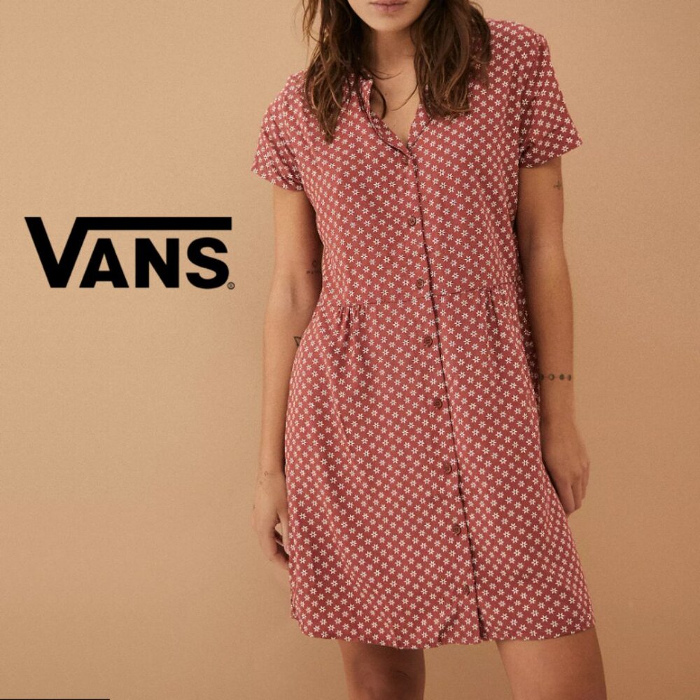 Vans Tipper Button-Up Midi Dress Retro Floral Tea Style Orange Small
